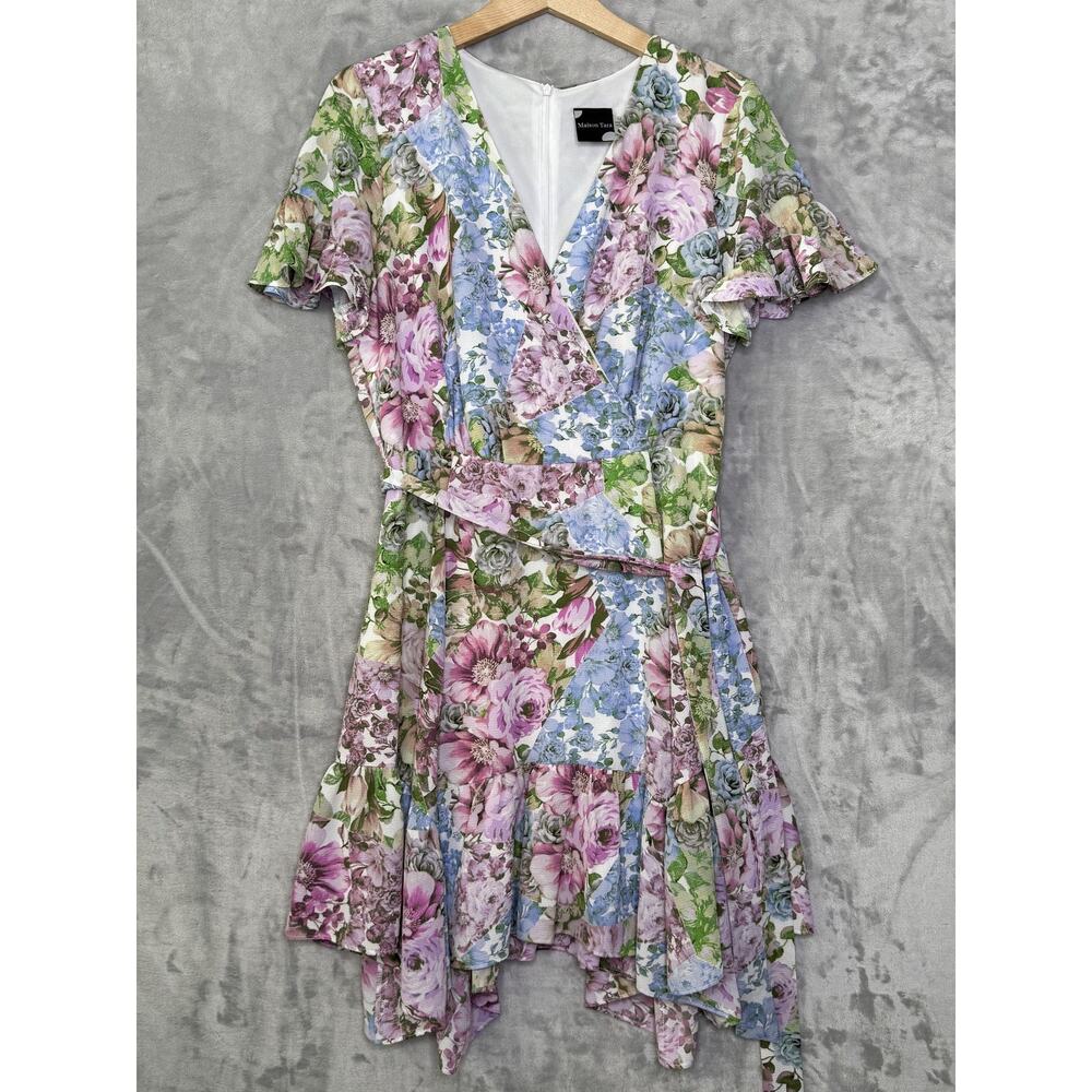 Maison Tara Dress Womens 12 Blue Pink Floral Wrap Flutter Sleeve Ruffle Hem